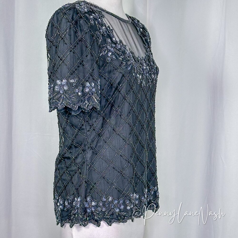 Stenay Vintage 80'S Floral Sequin Beaded Mesh Trim Blouse Black - Picture 6 of 14